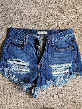 Machine Dark Blue Distressed Denim Cutoff Shorts